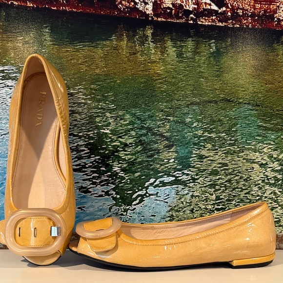 Prada Shoes - PRADA patent leather peep toe Bakelite ballet flats rare butter yellow color 36